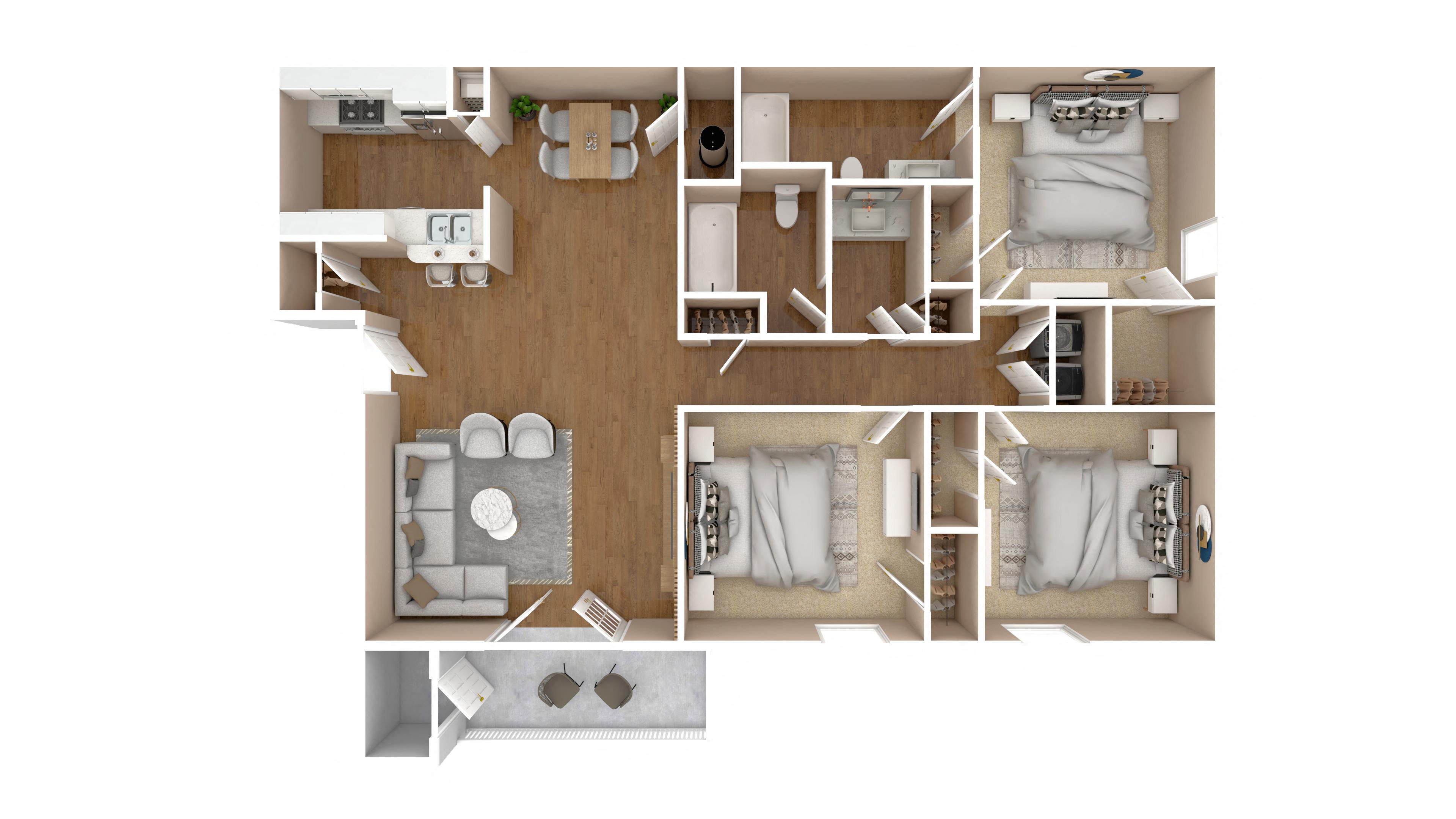 Floor plan for 3 beds, 2 baths, 1312 sqft